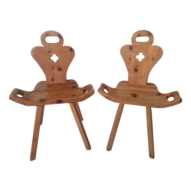 Set of Spanish Pine Wood Birthing Stools, 1950s For Sale