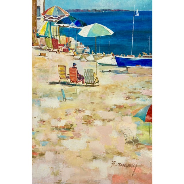 Nautical Coastal Beach Scene With Umbrellas & Boats – Original Vertical Painting by Tailroy, Unstretched (12.5" X 25") For Sale - Image 3 of 5