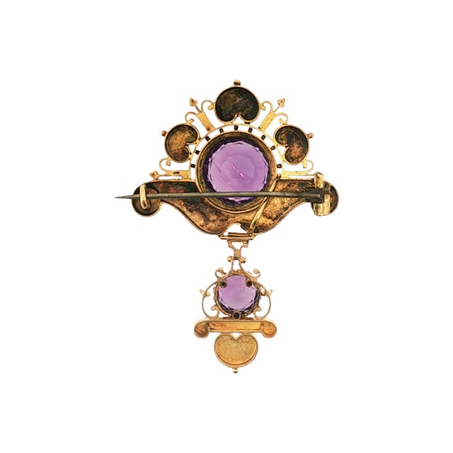 Late 19th Century Victorian 14k Yellow Gold Hand Engraved Amethyst Brooch For Sale - Image 4 of 5