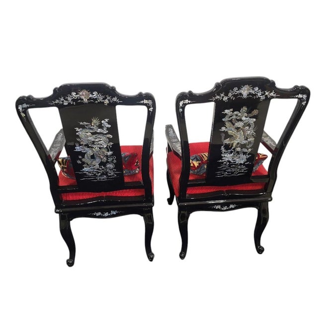 Asian Pair of Vintage Asian Black Lacquer Armchairs With Mother-of-Pearl Inlay – Dragon & Phoenix Motif For Sale - Image 3 of 5