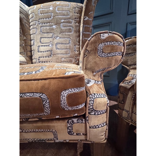 Pair of Woven Snake Velvet Chippendale Style Wing Chairs For Sale In Providence - Image 6 of 6