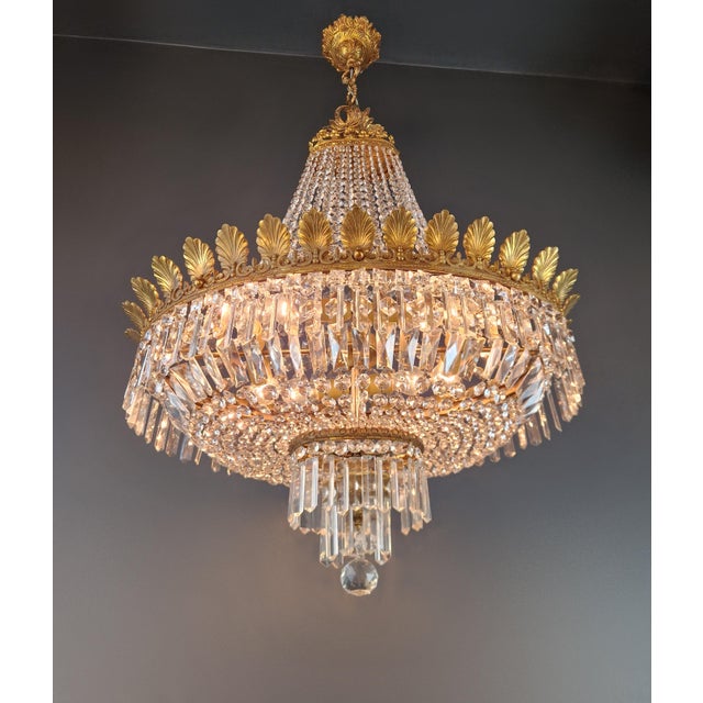 Brass Antique Art Nouveau Low Oval Plafonnier Crystal Chandelier Brass For Sale - Image 8 of 15