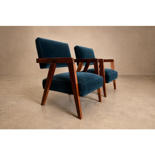 Blue Brazilian Modern Armchairs in Imbuia Wood and Deep Petrol-Blue Mohair, Brazil, 1950s For Sale - Image 8 of 18