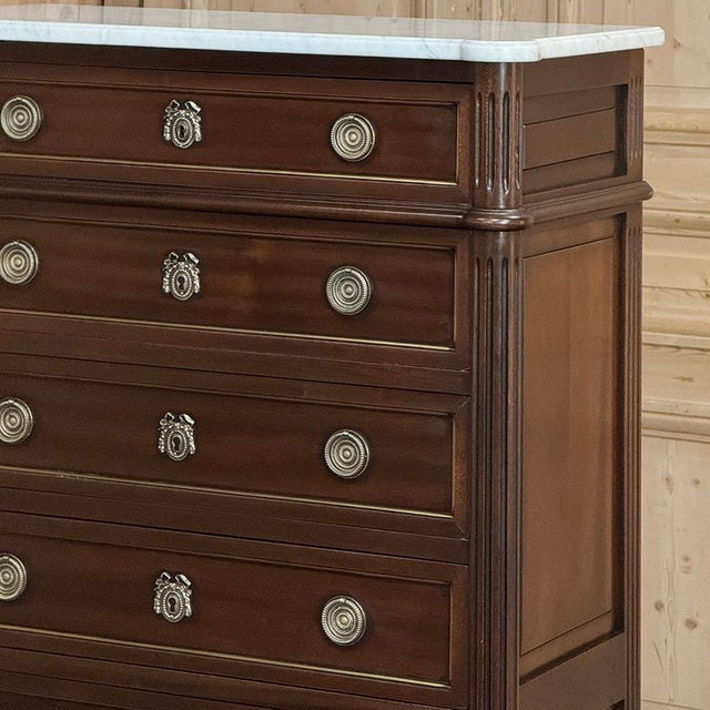 19th Century Louis XVI Mahogany Carrara Marble Top Semainier ~ Tall Chest of Drawers For Sale - Image 9 of 18