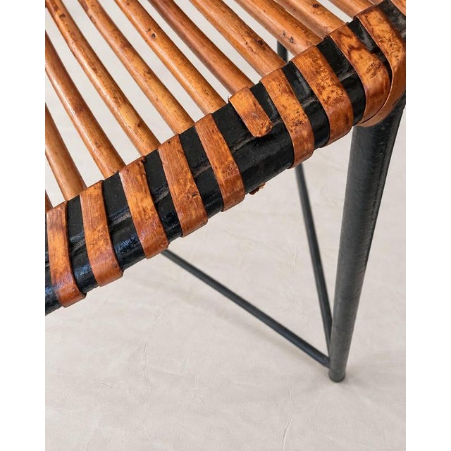 Mid-Century Rattan Cane and Iron Bar Stool attributed to Dennis Lennon, 1950s For Sale - Image 4 of 9