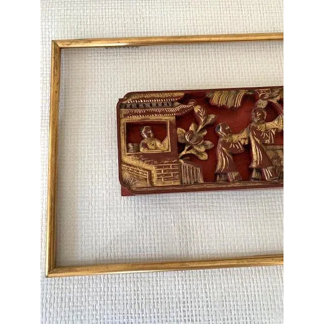 Chinese Antique Chinese Red and Gilt Qing Dynasty Wall Plaque Framed on Gilded Edge Lucite. For Sale - Image 3 of 6