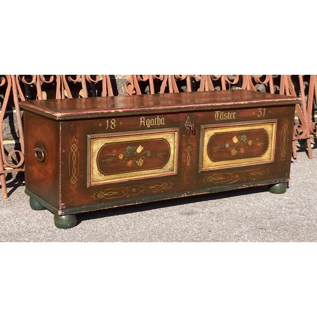 Folk Art Pine Trunk or Blanket Chest in Original Decorative Paint For Sale - Image 3 of 16