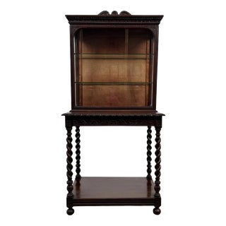 Antique English Carved Oak Cabinet with Barley Twist Legs For Sale