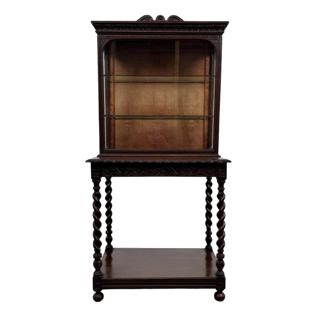 Antique English Carved Oak Cabinet with Barley Twist Legs For Sale