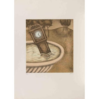 Enrico Benaglia, The Clock in the Fountain, Etching, 1990s For Sale