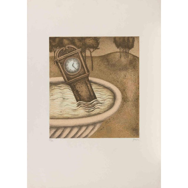 Enrico Benaglia, The Clock in the Fountain, Etching, 1990s For Sale