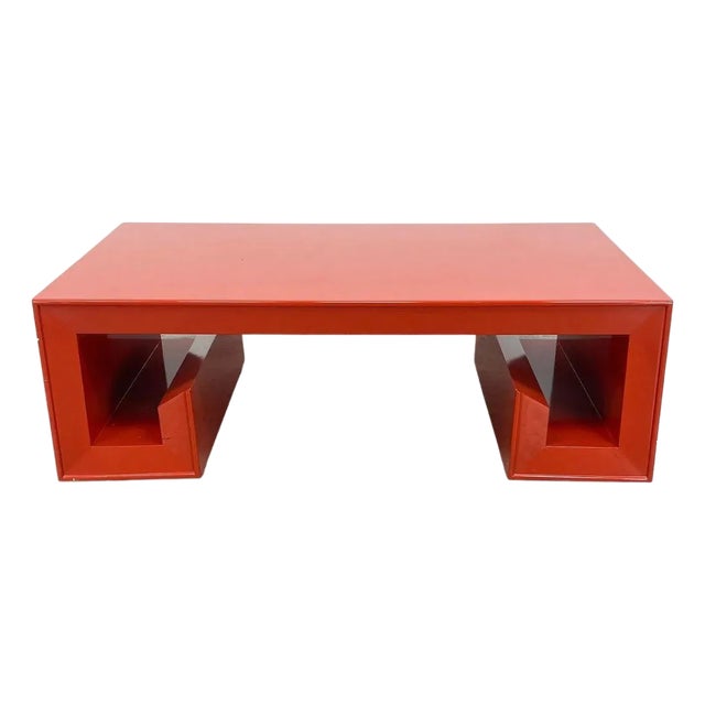 James Mont Style Red Lacquer Coffee Table With Greek Key Base For Sale