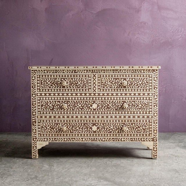 Wood Arabesque Bone Inlay Four Drawer Chest - Grey by House of Jaipur For Sale - Image 7 of 7