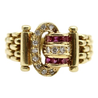 Vintage 18k Gold Diamond and Ruby Buckle Ring, Size 4.5 For Sale