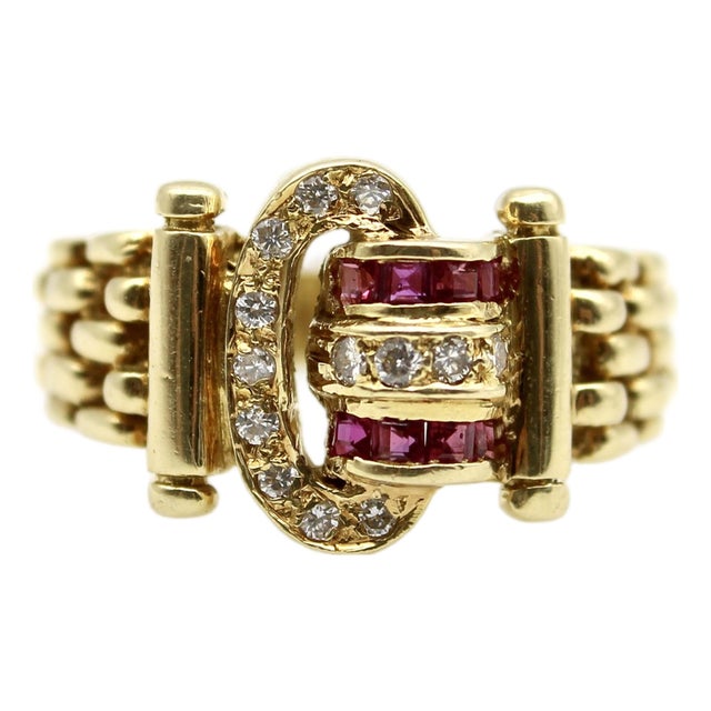 Vintage 18k Gold Diamond and Ruby Buckle Ring, Size 4.5 For Sale