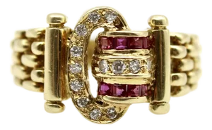 Vintage 18k Gold Diamond and Ruby Buckle Ring, Size 4.5