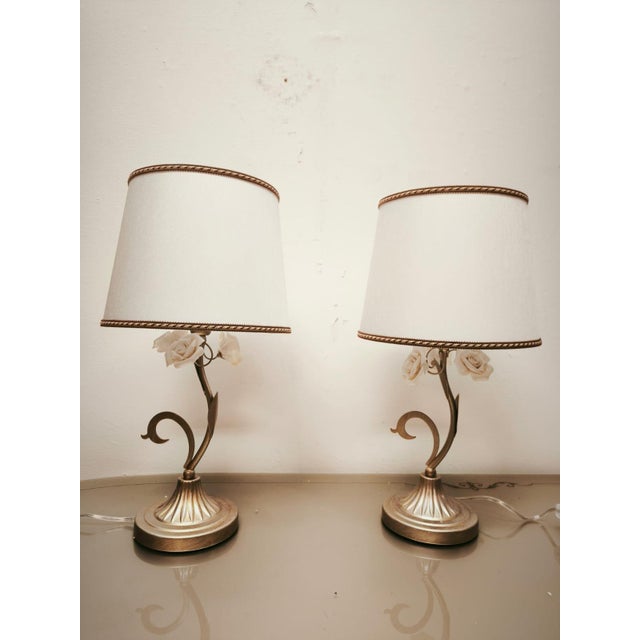 Baroque Small Lamps with Ceramic Roses and Fabric Lampshades, 1980s, Set of 2 For Sale - Image 3 of 12
