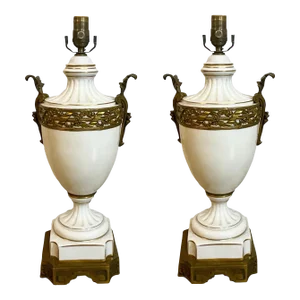 19th-C. French Neo-Classical Style Porcelain & Gilt Bronze Table Lamps - Pair