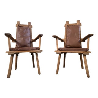 Vintage Rustic Oak Chairs with Leather Cushions, 1970s, Set of 2 For Sale