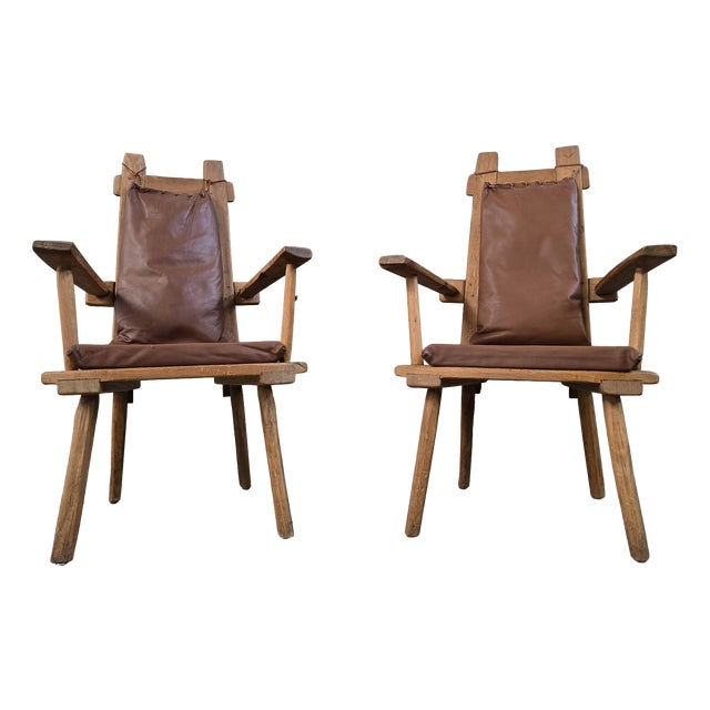 Vintage Rustic Oak Chairs with Leather Cushions, 1970s, Set of 2 For Sale