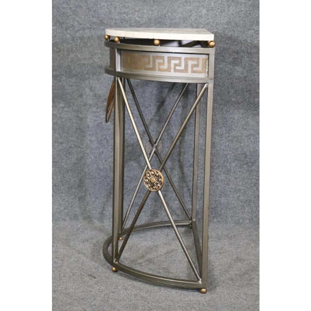 Brass Greek Key John Vesey Style Marble Top Steel Demilune Console Table For Sale - Image 8 of 12