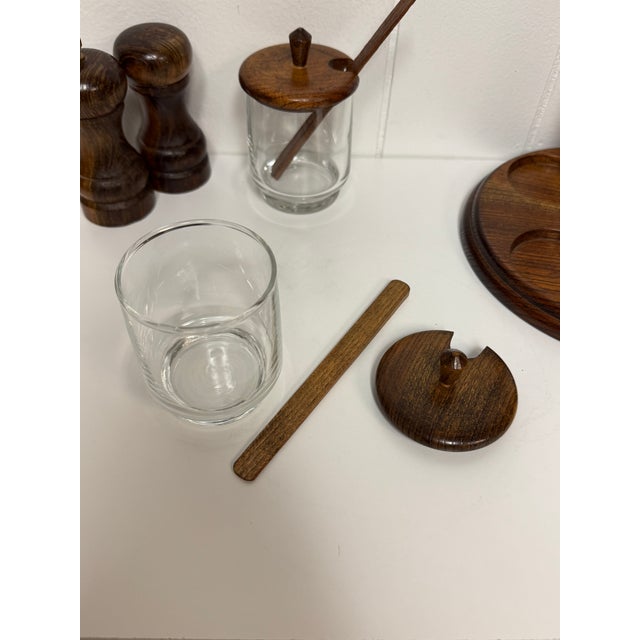 Vintage Mid-Century Wood & Glass Condiment Caddy Salt & Pepper Mill Set For Sale - Image 11 of 12