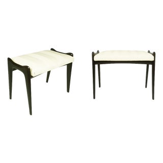 Mid-Century Modern Italian Ottomans in Ivory Skai and Wood, 1950s, Set of 2 For Sale