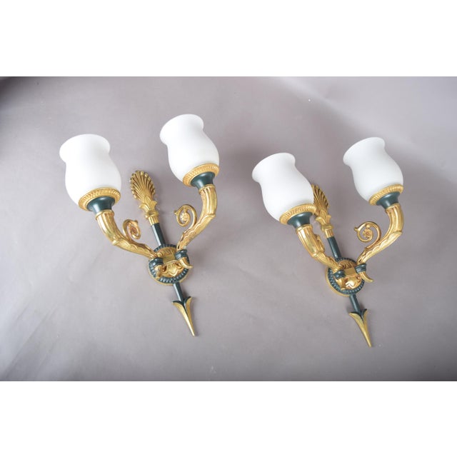 Gilt Bronze Double-Arm Wall Sconces with Frosted Glass Shades, 1950s, Set of 2 For Sale - Image 17 of 18