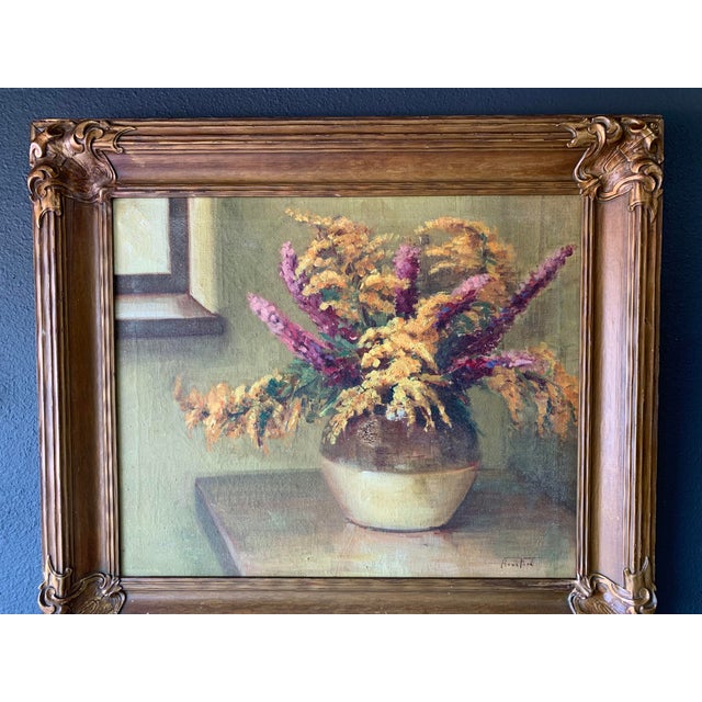 Antique oil painting by listed Texas artist Arva Ford (1890 - 1979) .Beautifully simple foliage in a crock on a table....