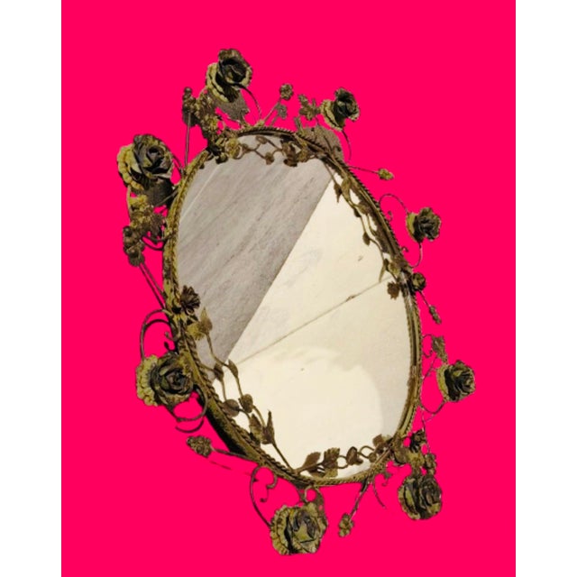 Mid 20th Century Vintage Italian Tole Mirror With Verdigris Finish Roses on Vine For Sale - Image 5 of 9