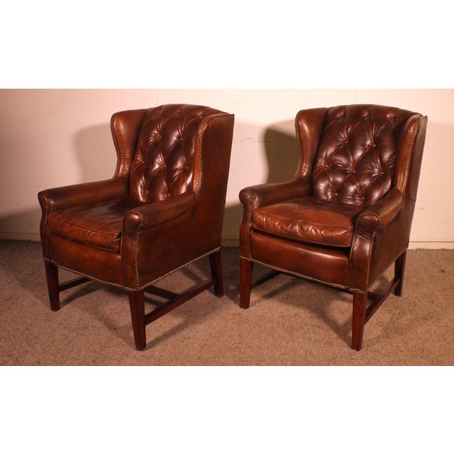 Vintage Wingback Chesterfield Chairs in Brown Leather, 1990s, Set of 2 For Sale - Image 10 of 11