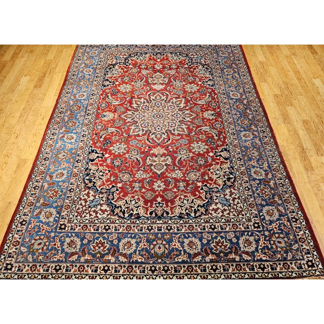 Red Vintage Persian Isfahan Rug, Hand-Knotted Wool, Floral Pattern, Red & Blue, 9x12 For Sale - Image 8 of 16