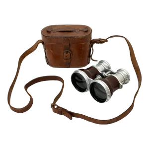 Unusual Antique 1910s Aluminum Early Avaitors - Pilots Binoculars in Original Leather Case - Indiana Jones Style