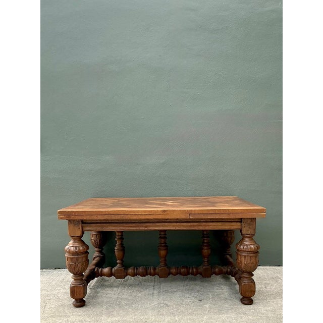 Early 20th Century Vintage Spanish Carved Wood Parquet Extendable Dining Table For Sale - Image 5 of 13