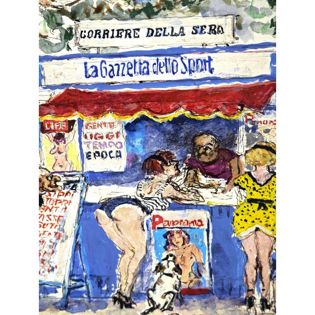 Paper Walter Piacesi, The Newsstand, Mixed Media on Cardboard For Sale - Image 7 of 16