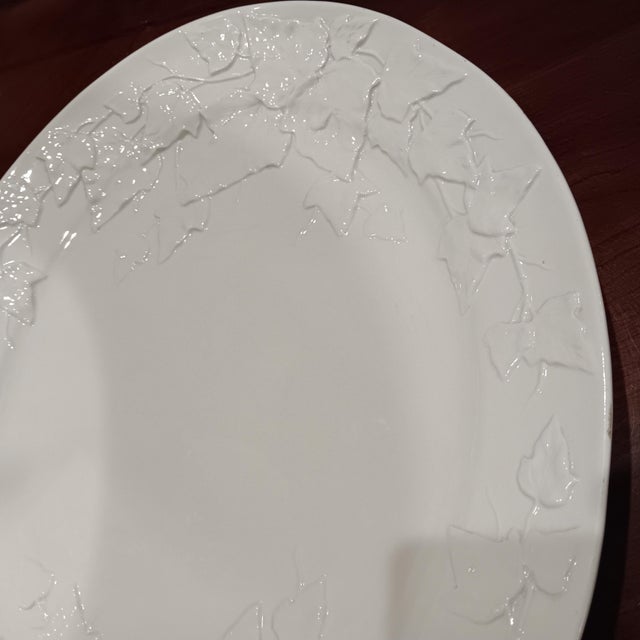 Large Vintage White Oval Ceramic Platter With Embossed Leaf Design. Made in Italy For Sale - Image 4 of 13
