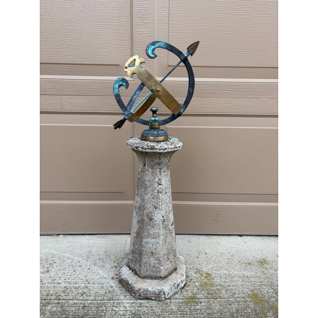 A stunning vintage English country or Neoclassical style verdigris bronze and brass garden armillary sundial with Roman...