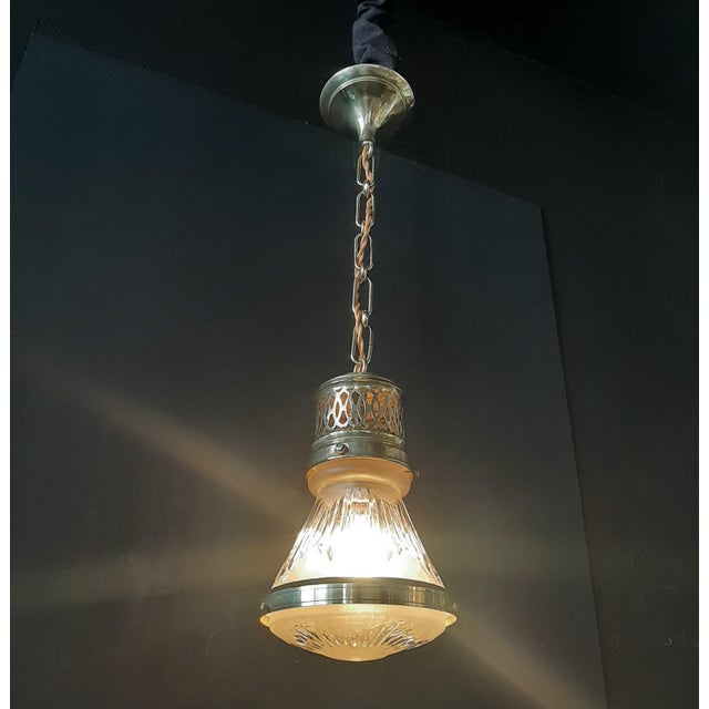 Small antique pendant lamp 20s, polished brass, opal glass and frosted glass, patent - number etched into the frosted...