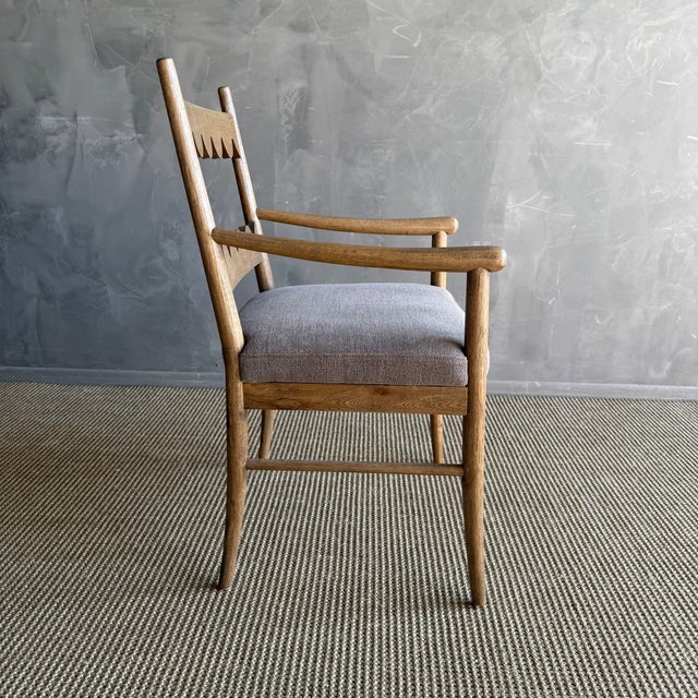 Traditional Oak Open Arm Accent Chair or Dining Chair With Belgian Linen Upholstery For Sale - Image 3 of 9
