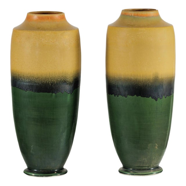 Artisan Tall Ceramic Vases with Mustard, Black, and Deep Green Glaze For Sale