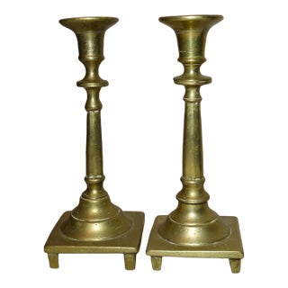 Rare Pair Primitive Antique 18th Century Turned Brass Candlestick Candle Holder For Sale