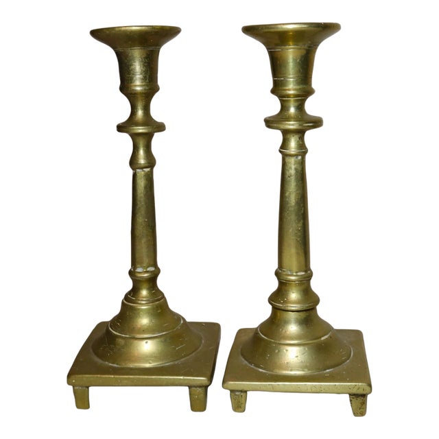Rare Pair Primitive Antique 18th Century Turned Brass Candlestick Candle Holder For Sale