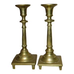 Rare Pair Primitive Antique 18th Century Turned Brass Candlestick Candle Holder