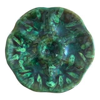 Antique French Faience Oyster Plate, Foucard-Jourdan Vallauris, Mottled Green Flambe Glaze, Early 20th Century For Sale