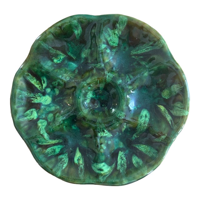 Antique French Faience Oyster Plate, Foucard-Jourdan Vallauris, Mottled Green Flambe Glaze, Early 20th Century For Sale