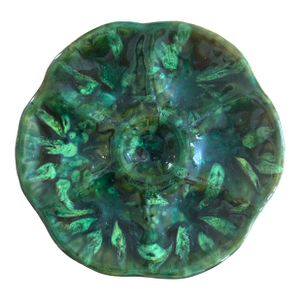 Antique French Faience Oyster Plate, Foucard-Jourdan Vallauris, Mottled Green Flambe Glaze, Early 20th Century