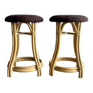 Vintage McGuire Style Rattan Counter Stools in Bouclé, a Pair For Sale