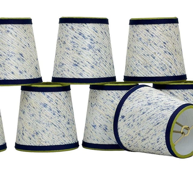 Upgrade any lighting fixture with designer chandelier or sconce shades. Handmade of indigo splattered grasscloth. Trimmed...