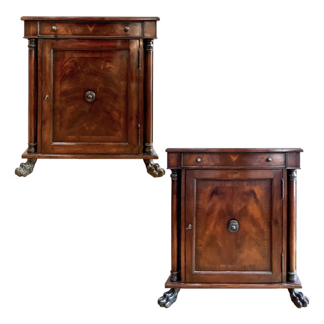 1990's Regency Empire Nightstand Pair - Mahogany - Lion Paw Feet - Hickory-White For Sale