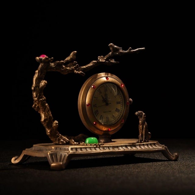 Traditional Vintage Bronze Table Clock Jeweled Bird & Dog Sculptural Desk Timepiece 4.3" For Sale - Image 3 of 9